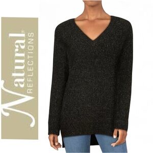Natural Reflections Ribbed V-Neck Raglan Long-Sleeve Sweater, marled black sz XL